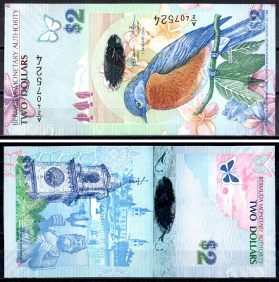 Бермудские острова (Бермуды) 2 доллара 2009 Синяя птица (Sialia sialis), Часовая башня на верфи (Гамильтон), Нептун Pick 57 c бумага UNC (пресс) 7548-68-1-1