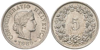 Швейцария 5 раппенов 1965 B, очень редкий год KM 26 медно-никель aUNC 4115-1237