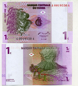ДР Конго 1 сантим 1997 вулкан, сбор кофе Pick 80 a бумага UNC (пресс) 448-62-1