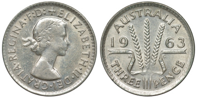 Австралия 3 пенса 1963 m, Елизавета II (1952-2022) KM 57 серебро 71-866