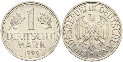 ФРГ 1 марка 1990 G KM 110, J. 385 медно-никель 4132-1042