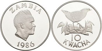 Замбия 10 квача 1986 WWF, серия защита окружающей среды, белокрылый пушистик,  тираж 25000 экз. KM 25 серебро PROOF 04-321-33