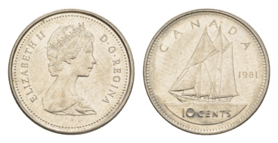 Канада 10 центов 1981 Елизавета II (1952-2022), парусник KM 77 никель 4639-644