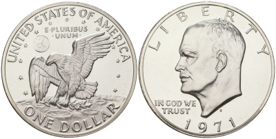 США 1 доллар 1971 S, Президент Эйзенхауэр, лунный орел KM 203a серебро  PROOF 1095-8-13