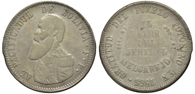 Боливия 1 мельгарехо 1865 F.P. KM 146 серебро 00-901-51