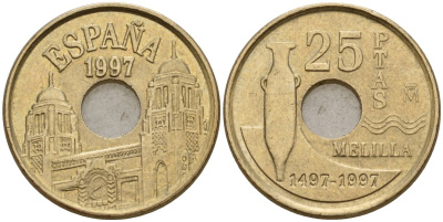 Испания 25 песет 1997 Мелилья (Melilla), Хуан Карлос I (1975-2014) KM 983 латунь 4177-512