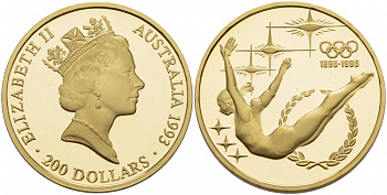 Австралия 200 долларов 1993 столетие Олимпийского движения (1896-1996), гимнастика, тираж 60000 экземпляров KM 220 золото PROOF 00-000-00