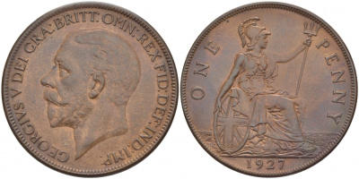 Великобритания 1 пенни 1927 Георг V (1910-1936) КМ 826, Spink 4054 бронза 3996-336