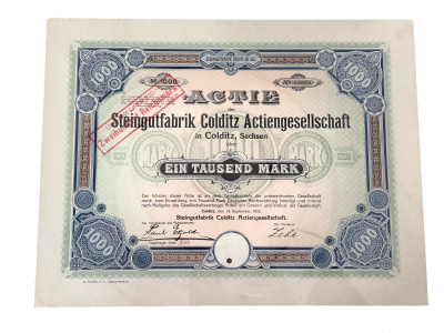 Германия акция в 1000 марок 1922 Фаянсовая фабрика Кольдиц АО в Кольдице, Саксония, Steingutfabrik Colditz AG in Colditz, Sachsen бумага 5555-17