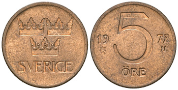 Швеция 5 эре 1972 Густав VI Адольф (1950-1973) KM 845 бронза 4618-115