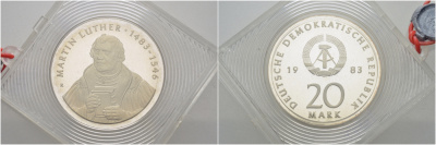 ГДР 20 марок 1983 A, 500 лет со дня рождения Мартина Лютера (1483-1546), в оригинальной коробке с пломбой J.1591, KM 94 серебро PROOF 10-005-82