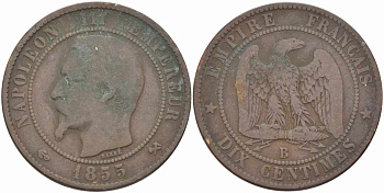 Франция 10 сантимов 1855 B, Наполеон III (1852-1870) KM 771.2, Le Franc 133.21 бронза 38-1026