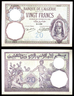 Алжир 20 франков 1928 женщина, мальчики Pick 78 b бумага 451-1246-1
