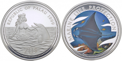 Палау 20 долларов 1999 русалка и дельфин, скат, цветная эмаль, 155 г., 5 унций KM 38 серебро PROOF 01-097-12-2