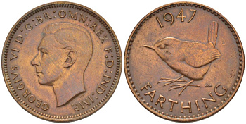 Великобритания 1 фартинг 1947 Георг VI (1936-1952) KM 843, Spink 4116 бронза 4543-1116