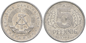 ГДР 5 пфеннигов 1988 A КМ 9.2 алюминий 3458-1248
