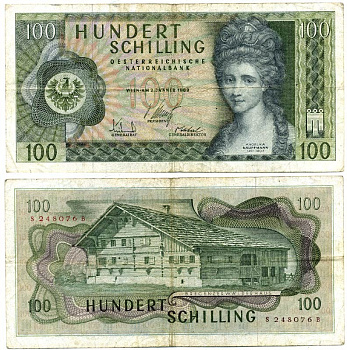 Австрия 100 шиллингов 1969 Анжелика Кауфманн, "Монфор" герб Форарльберга Pick 145a бумага 6299-41-1