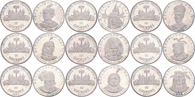 Гаити официальный набор из 9 монет по 10 гурдов 1971 вожди Американских индейцев, в оригинальном буклете, монеты в запайке KM 79, 80, 81, 82, 83, 84, 85, 86, 87 серебро PROOF 00-00-00