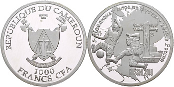 Камерун 1000 франков ND (2018) чемпионат мира по футболу - 2018, Россия, Екатеринбург KM NEW серебро PROOF 1088-3-14