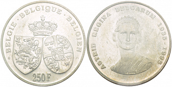 Бельгия 250 франков 1995 Belgie-Belgique, 60 лет со дня смерти королевы Астрид (1935-1995) KM 199 серебро UNC 1521-545