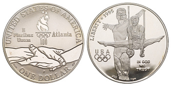 США 1 доллар 1995 P, XXVI летние Олимпийские Игры, Атланта 1996 - Гимнастика KM 260 серебро PROOF 11-263-23