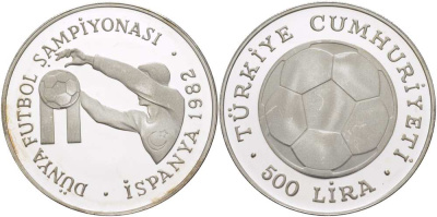 Турция 500 лир 1982 Чемпионат мира по футболу в Испании 1982 года, мяч, вратарь KM 953 серебро PROOF 1074-4-52