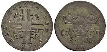 Швеция 10 эре 1743 HM, Фредрик I (1720-1751)KM 425 серебро 1524-525
