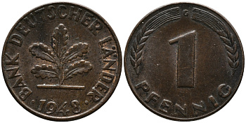 ФРГ 1 пфенниг 1948 G KM А101, J.376 сталь плакированная медью 99-236