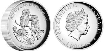 Австралия 1 доллар 2013 две кукабары на ветке, высокорельефная KM NEW серебро PROOF 1074-2-11