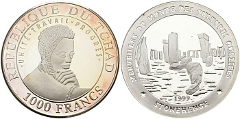 Чад 1000 франков 1999 серия наследие мировых культур, Стоунхендж серебро PROOF 04-317-32