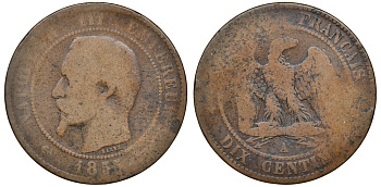 Франция 10 сантимов 1855 A, Наполеон III (1852-1870) KM 771.1, Le Franc 133,19 бронза 4683-1014