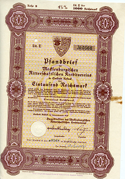 Германия 1000 рейхсмарок 1940 Мекленбургский рыцарский кредитный клуб, 4 1/2%   бумага  8804-91-1