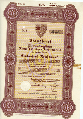 Германия 1000 рейхсмарок 1940 Мекленбургский рыцарский кредитный клуб, 4 1/2%   бумага  8804-91-1