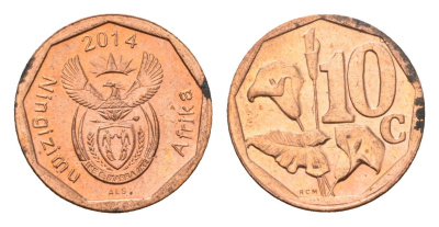 ЮАР 10 центов 2014 герб, цветок алоэ сталь плакированная бронзой UNC 4687-522