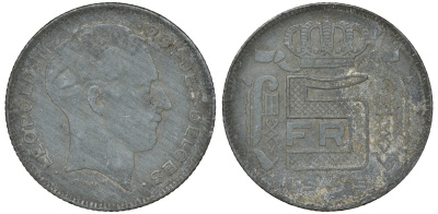 Бельгия 5 франков 1945 Belges KM 129.1 цинк 4163-526