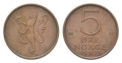 Норвегия 5 эре 1975 Улаф V (1957-1991) KM 415 бронза 4702-266