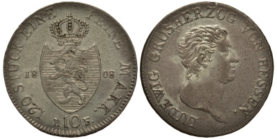 Гессен-Дармштадт 10 крейцеров 1808 RF, Великий Герцог Людвиг I (1806-1830) KM 271 серебро 00-000-00