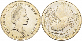 Новая Зеландия 1 доллар 1980 веерохвостка на ветке, Елизавета II (1952-2022) KM 49 медно-никель UNC 107-531