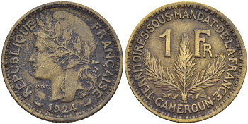 Французский Камерун 1 франк 1924 (а), монетный двор Париж KM 2 алюминиевая бронза 29-1226