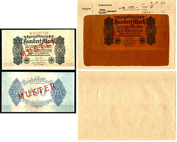 Германия 100 марок 1922 4 августа, MUSTER, образец, Specimen. В оригинальном банковском конверте. Из коллекции Отто Сейфферта (помощник Ялмара Шахта - министра экономики Германии и президента Рейхсбанка времен третьего рейха) Pick 75 s, Grabowski DEU 83 б