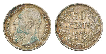 Бельгия 50 сантимов 1909 Der Belgen, Леопольд II (1865-1909) KM 61 серебро 4658-846