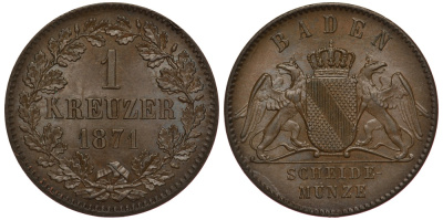 Баден 1 крейцер 1871 Великий Герцог Фридрих I (1856-1907) KM 242, Jaeger 81, AKS 132. 21,5 mm медь 441-722