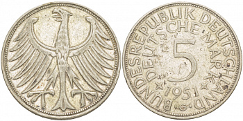 ФРГ 5 марок 1951 G, J. 387, KM 112.1 серебро 115-1113