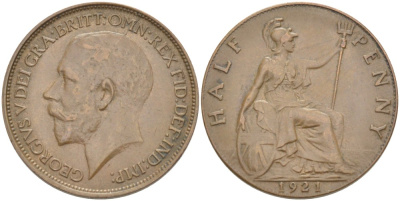 Великобритания 1/2 пенни 1921 Георг V (1910-1936) KM 809, Spink 4056 бронза 4519-712
