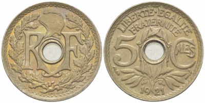 ФРАНЦИЯ 5 САНТИМОВ 1921 ТИП ЛИНДАЙЁ KM 875, LE FRANC 122.3 медно-никель UNC 4379-767