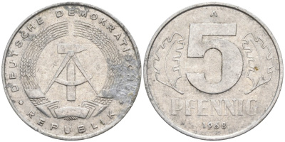 ГДР 5 пфеннигов 1968 А KM 9.1 алюминий 4564-1038