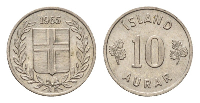 Исландия 10 эйре 1965 KM 10 медно-никель UNC 4690-713