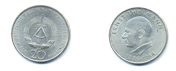 ГДР 20 марок 1971 A, 85 лет со дня рождения Эрнста Тельмана KM 34, J. 1535 медно-никель 3333-546