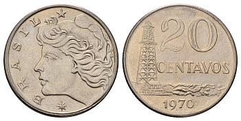 Бразилия 20 сентаво 1970 голова Свободы влево KM 579.2, Schon 84a медно-никель 4666-135