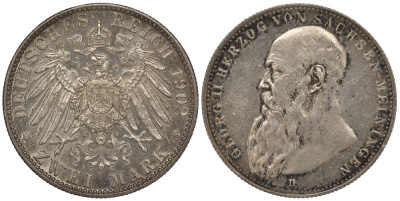 Саксен-Майнинген 2 марки 1902 D, Георг II, герцог Саксен-Мейнингена (1866-1914) Weege 147b, J. 151b, KM 199 серебро aUNC 00-000-00